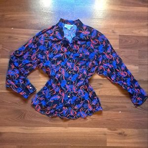 Vintage 80s Blouse Top black red blue floral Paisley raglan sleeve
